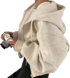 POHADON Y2k Zip Up Hoodie for Women Solid Color Oversized Cropped Short Coats Korean Fashion Harajuku Hooded Sweatshirts
