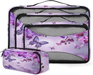 Purple Floral Orchid Butterfly Travel Packing Cubes 4 Set, Butterfly Flower Luggage Packing Organizers Carry on Suitcase Storage Mesh Bags Accessories