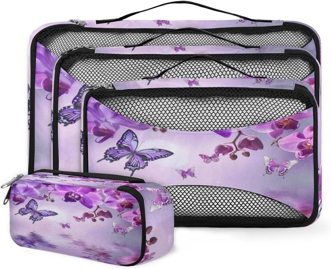 Purple Floral Orchid Butterfly Travel Packing Cubes 4 Set, Butterfly Flower Luggage Packing Organizers Carry on Suitcase Storage Mesh Bags Accessories