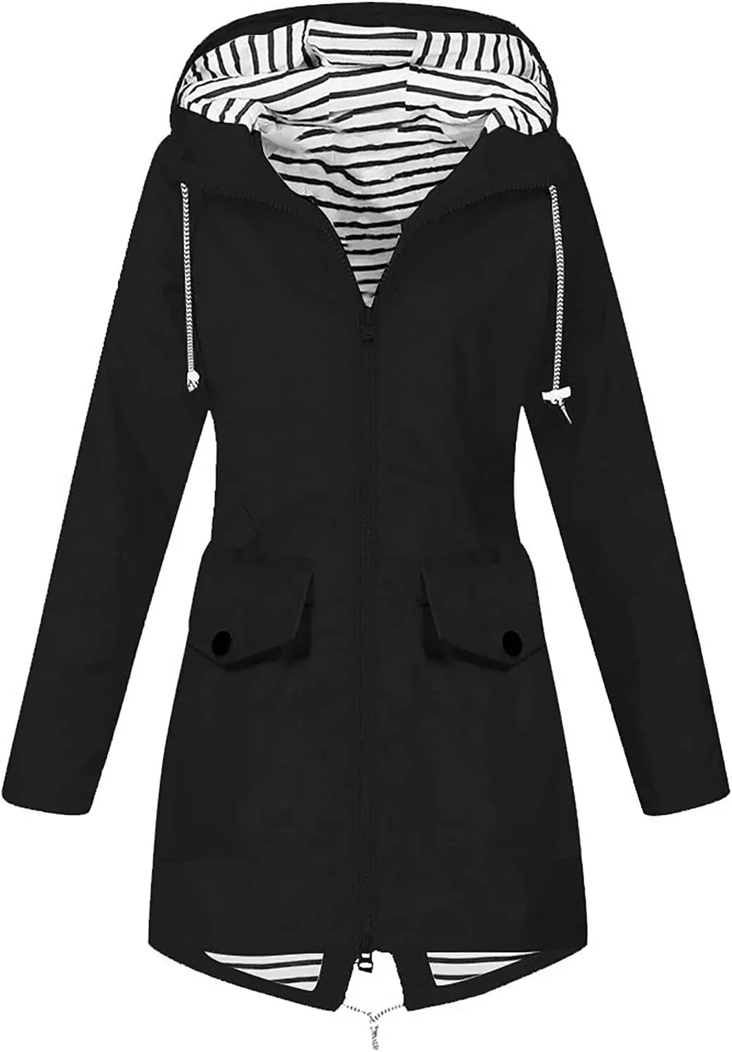 Rain Jacket Women Plus Size Waterproof Hooded Zip Up Coat Long Windproof Stripe Lined Raincoats with Pockets