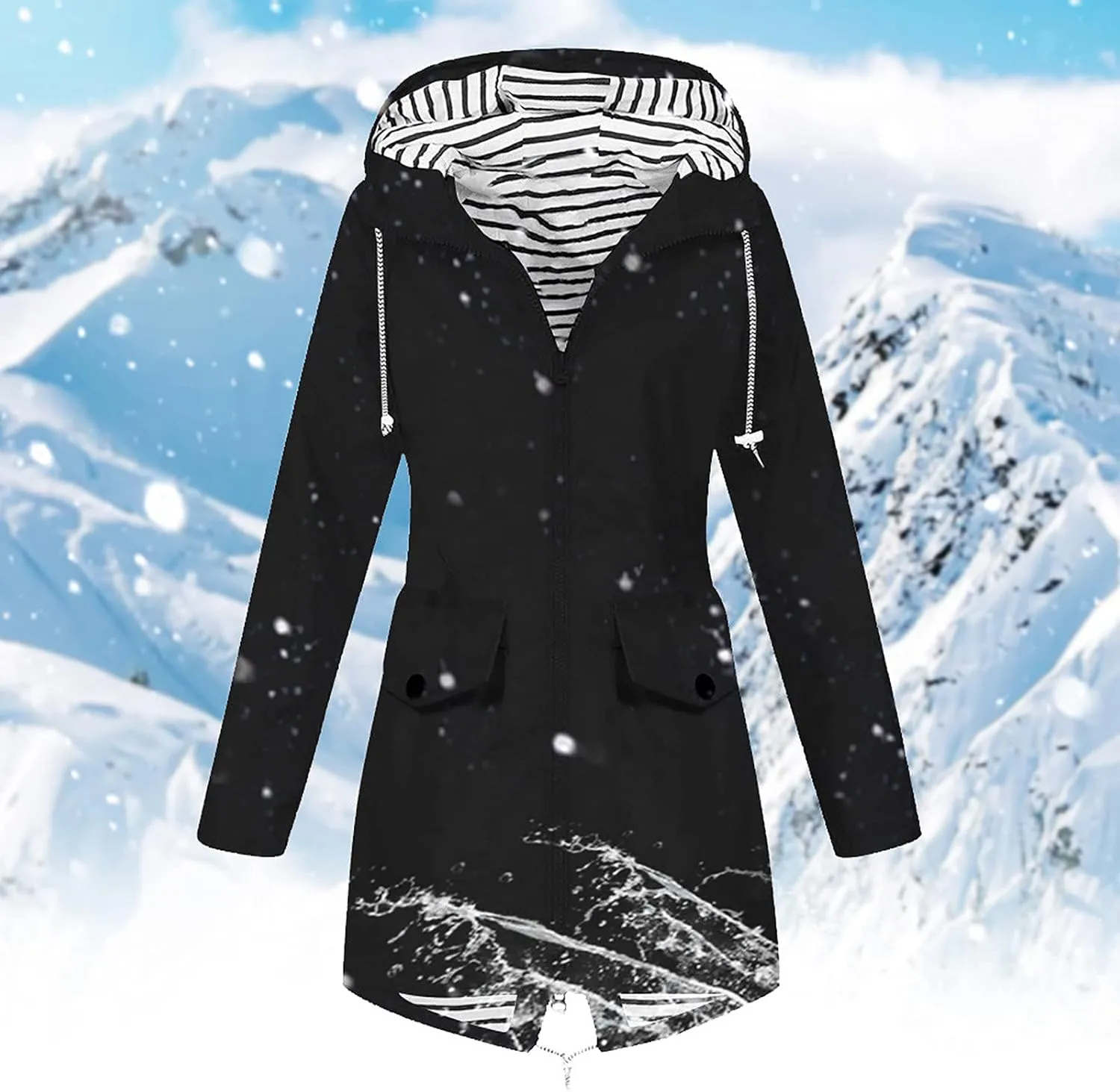 Rain Jacket Women Plus Size Waterproof Hooded Zip Up Coat Long Windproof Stripe Lined Raincoats with Pockets