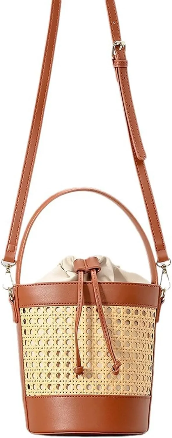 Rattan Bag for Women Straw Tote Bucket Bag PU Leather Summer Travel Beach Bag Holiday Purses
