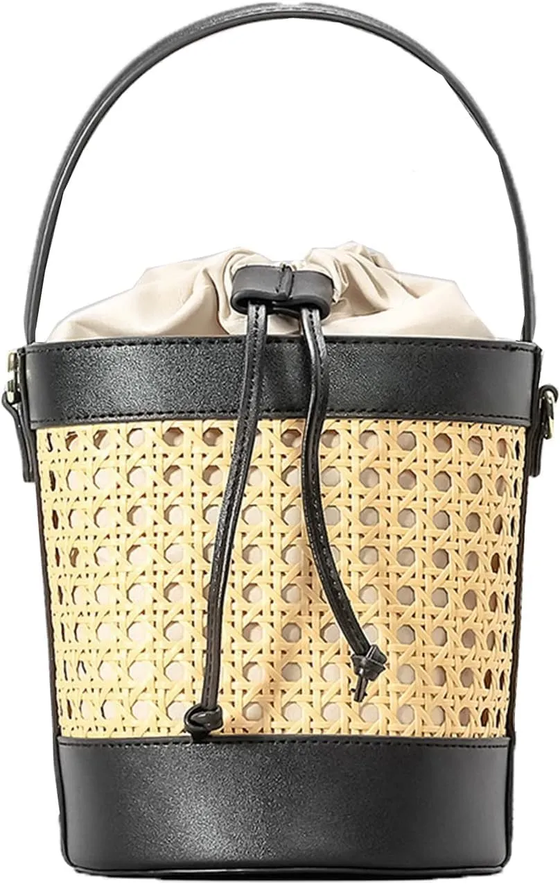 Rattan Bag for Women Straw Tote Bucket Bag PU Leather Summer Travel Beach Bag Holiday Purses