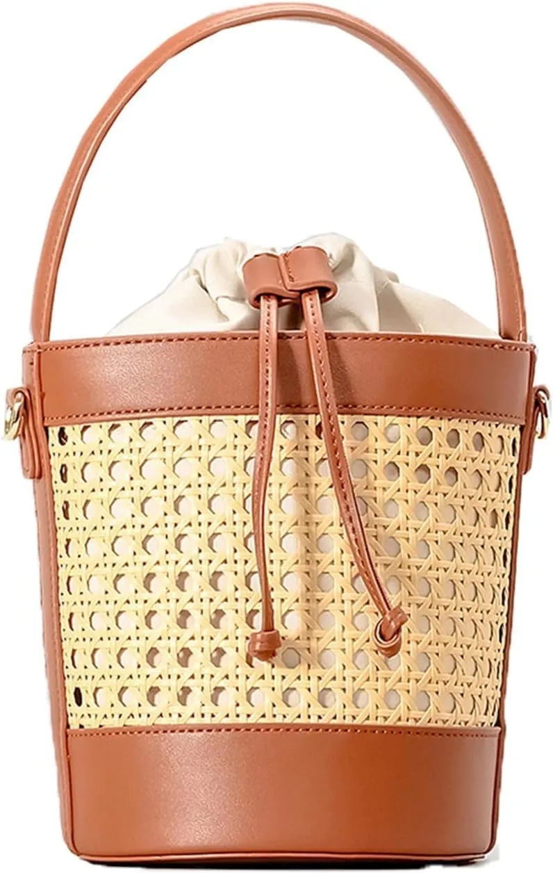 Rattan Bag for Women Straw Tote Bucket Bag PU Leather Summer Travel Beach Bag Holiday Purses