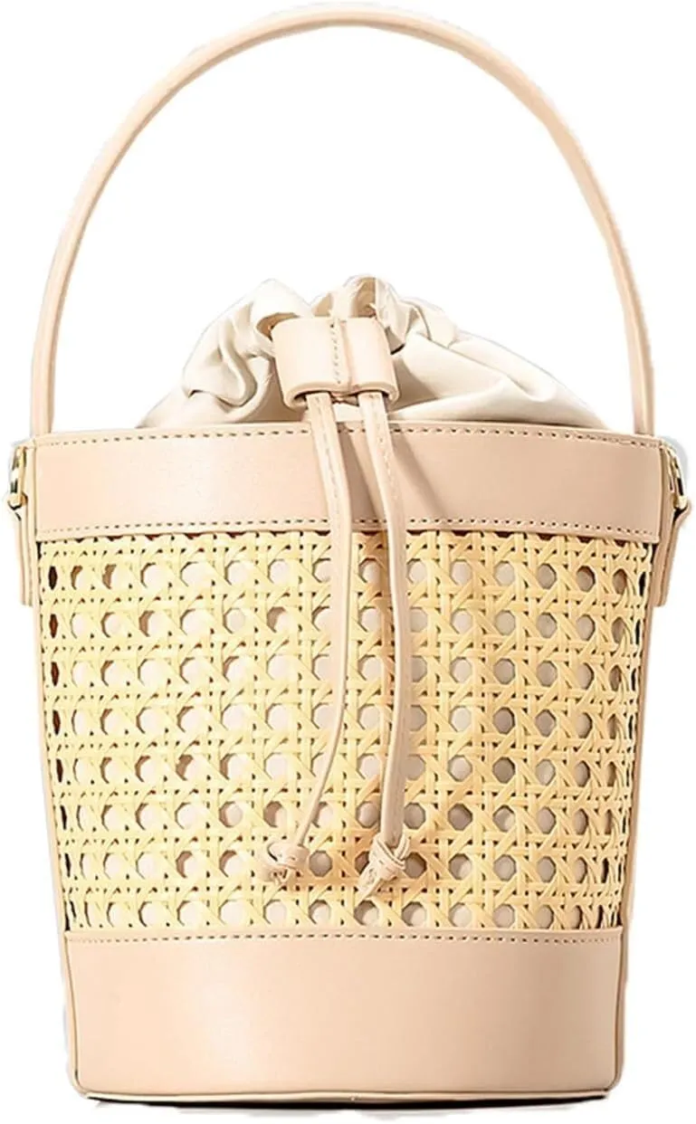 Rattan Bag for Women Straw Tote Bucket Bag PU Leather Summer Travel Beach Bag Holiday Purses