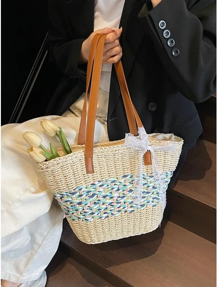 Rattan Bucket Bag for Women Woven Straw Beach Bag with Top Handle Trendy Shoulder Handbag Casual Travel Tote Purse