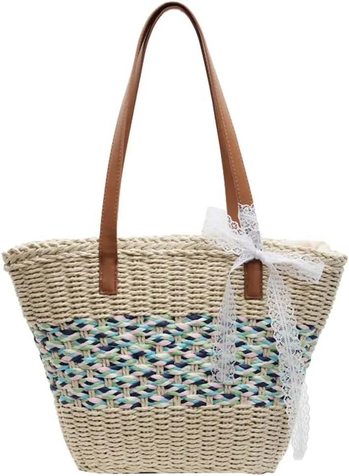 Rattan Bucket Bag for Women Woven Straw Beach Bag with Top Handle Trendy Shoulder Handbag Casual Travel Tote Purse