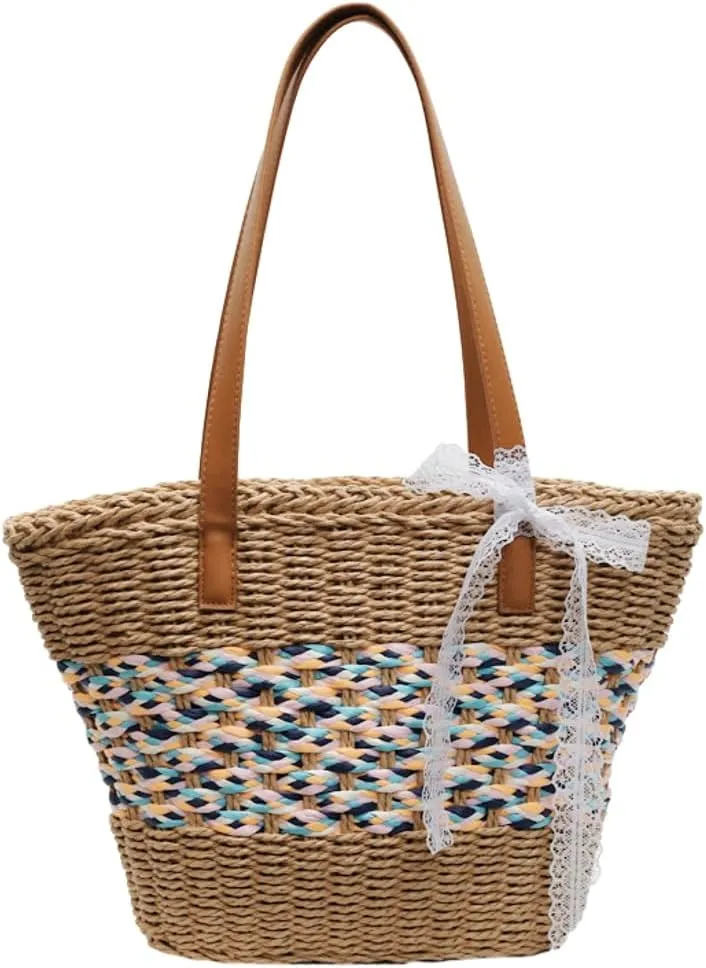 Rattan Bucket Bag for Women Woven Straw Beach Bag with Top Handle Trendy Shoulder Handbag Casual Travel Tote Purse