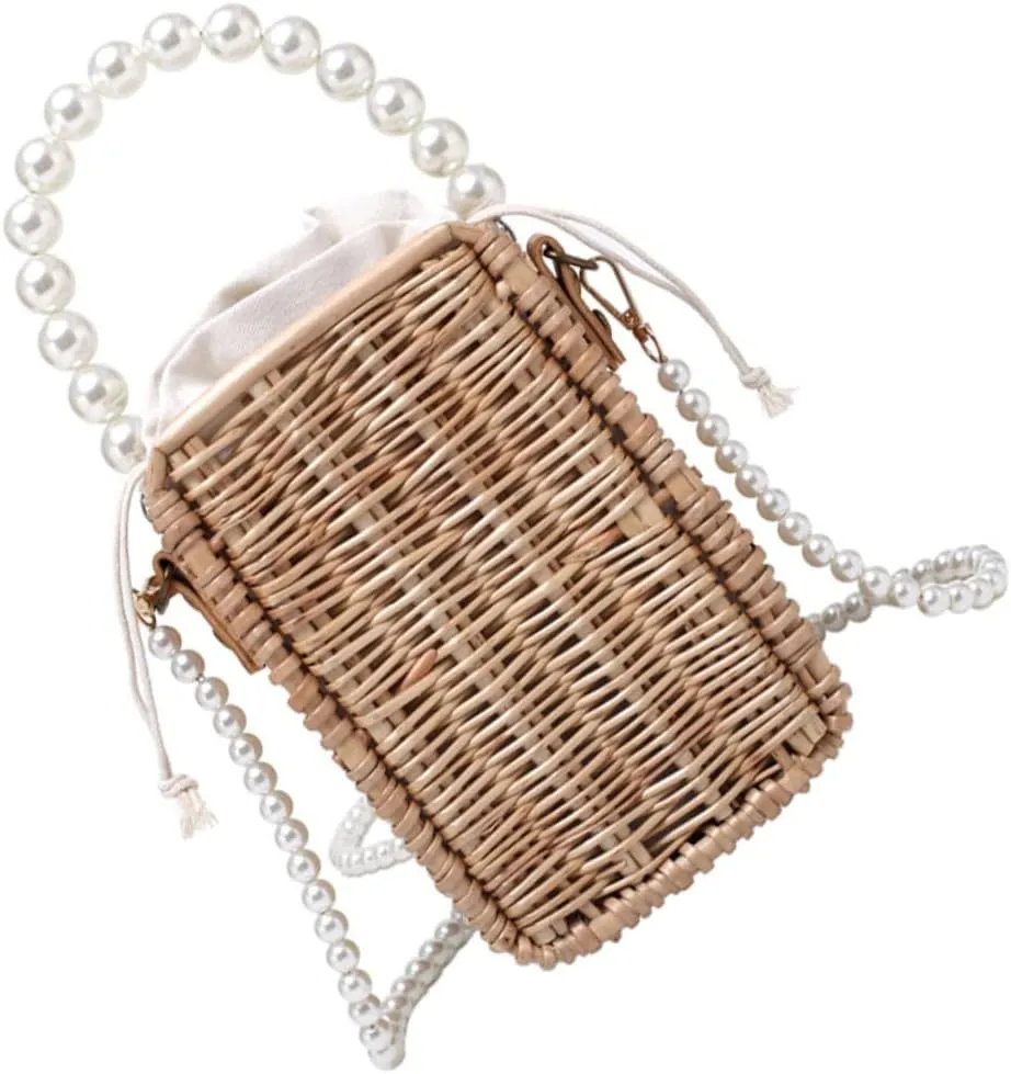 Rattan Pearl Handbag Woven Knotted Tote Bag Portable Straddle Bag for Cosmetics Fashion Trendy Small Storage Pouch