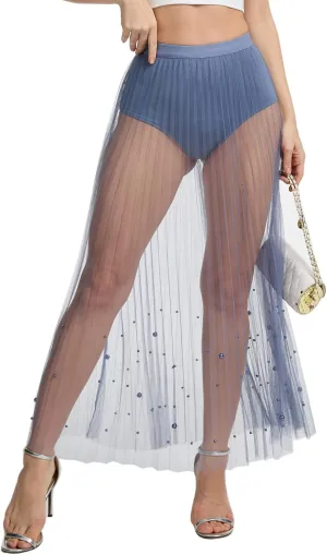 Rave Outfits for Women 2 in 1 Sheer Skirt Festival Clubwear Mesh High Waist Print A Line Maxi Skirt