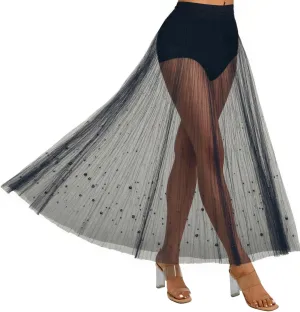 Rave Outfits for Women 2 in 1 Sheer Skirt Festival Clubwear Mesh High Waist Print A Line Maxi Skirt