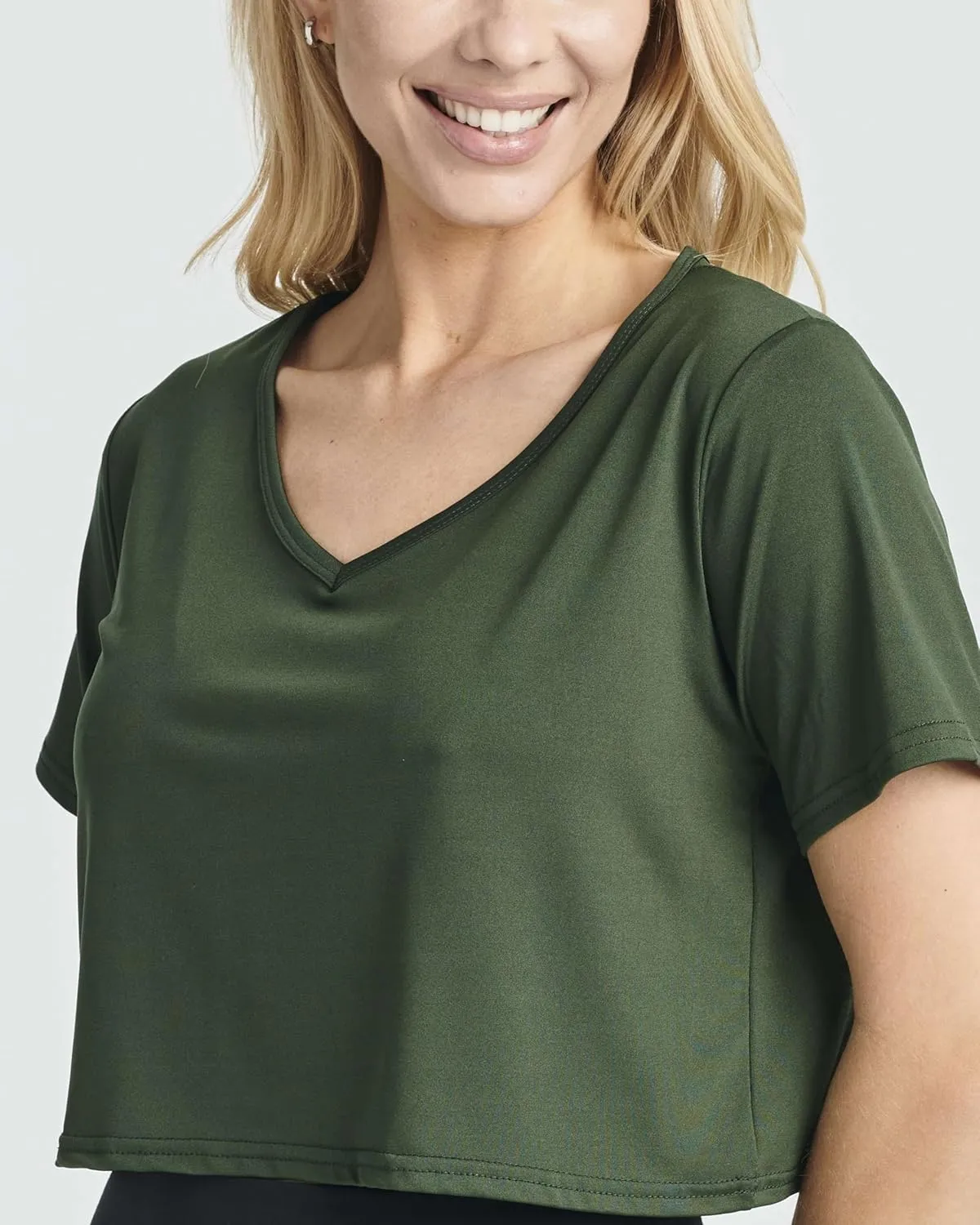 Real Essentials 5 Pack: Women's Dry-Fit Short Sleeve V-Neck Crop Top Boxy Athletic Tee