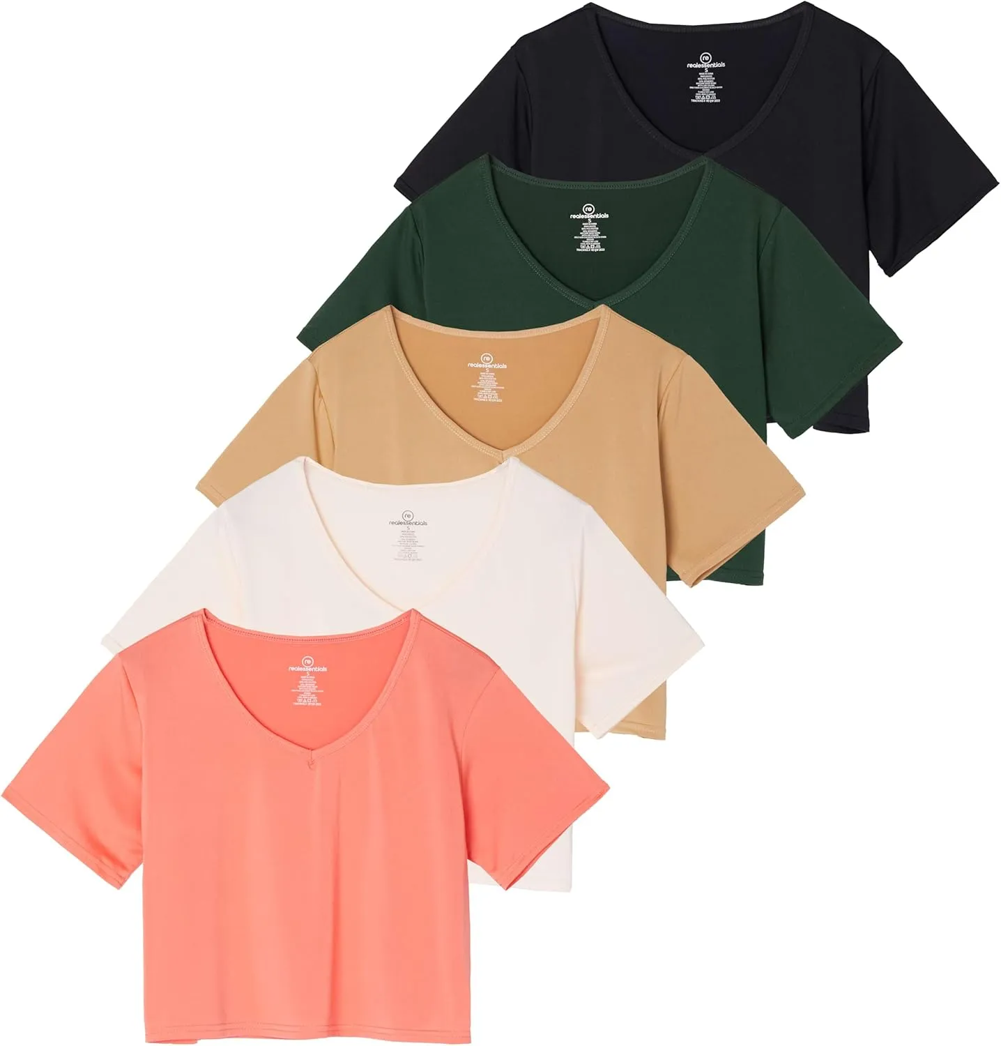 Real Essentials 5 Pack: Women's Dry-Fit Short Sleeve V-Neck Crop Top Boxy Athletic Tee