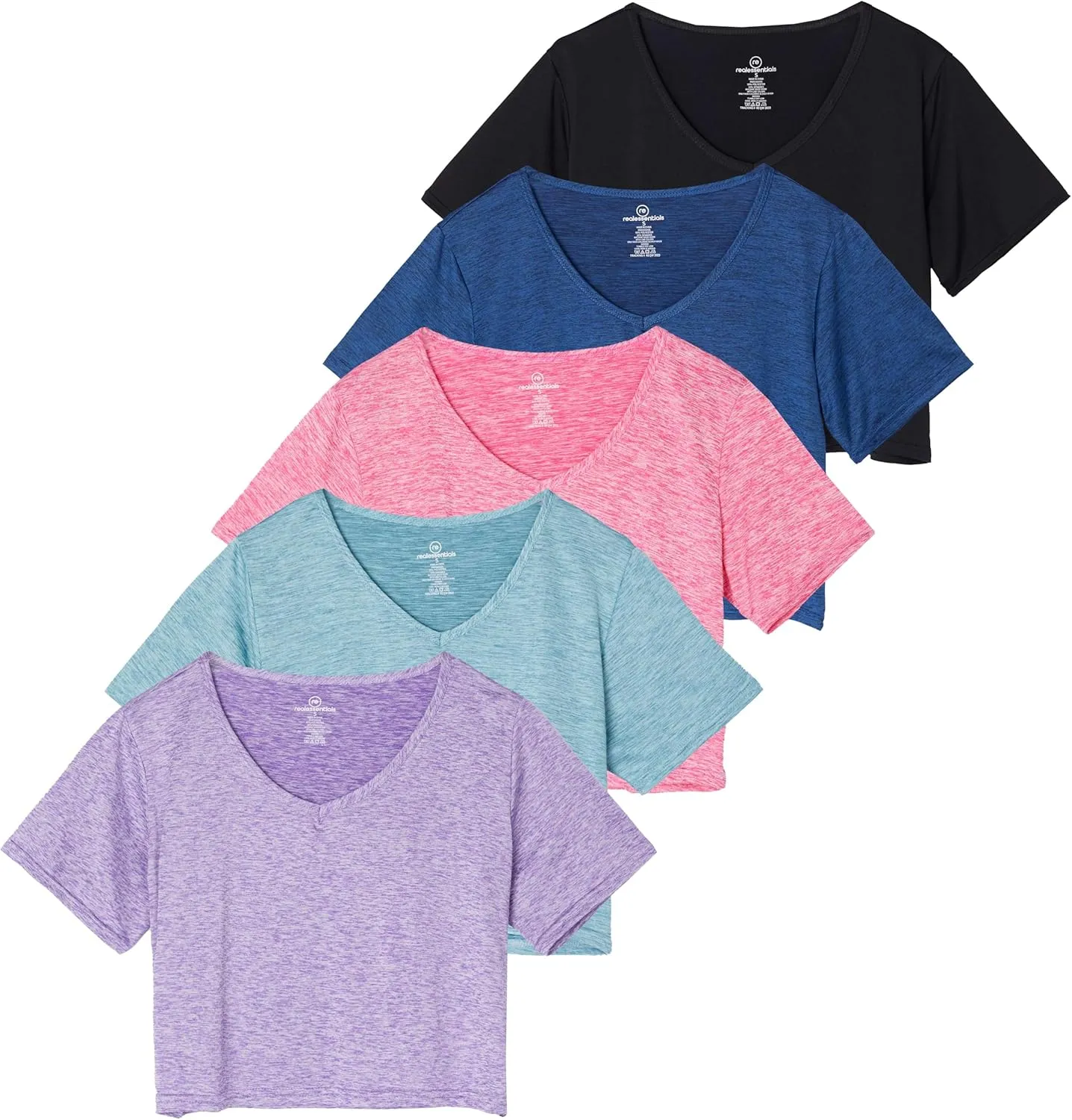 Real Essentials 5 Pack: Women's Dry-Fit Short Sleeve V-Neck Crop Top Boxy Athletic Tee