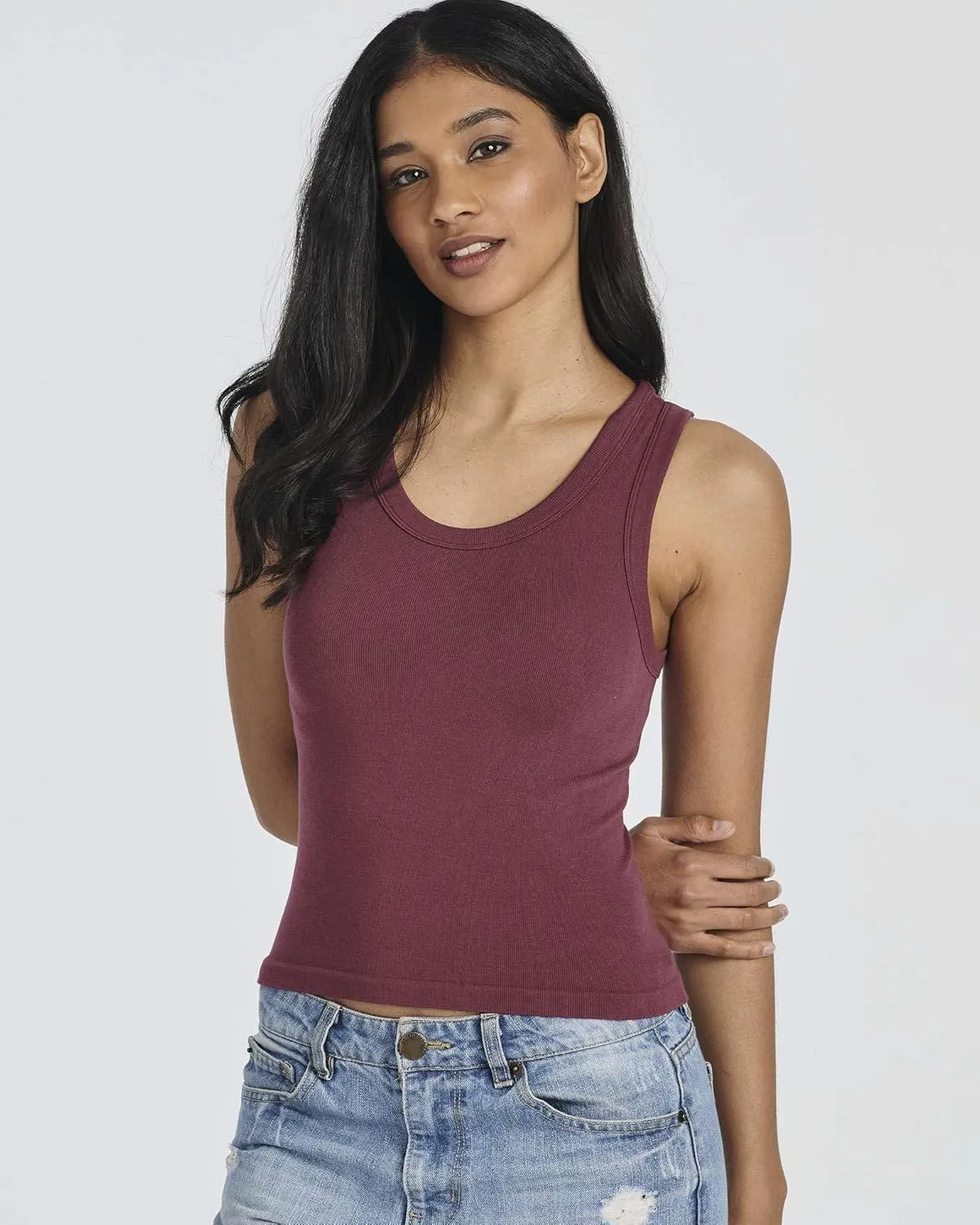 Real Essentials 5 Pack: Women's Seamless Ribbed Sleeveless Cropped Scoop Neck Tank Top - Casual Crop Top