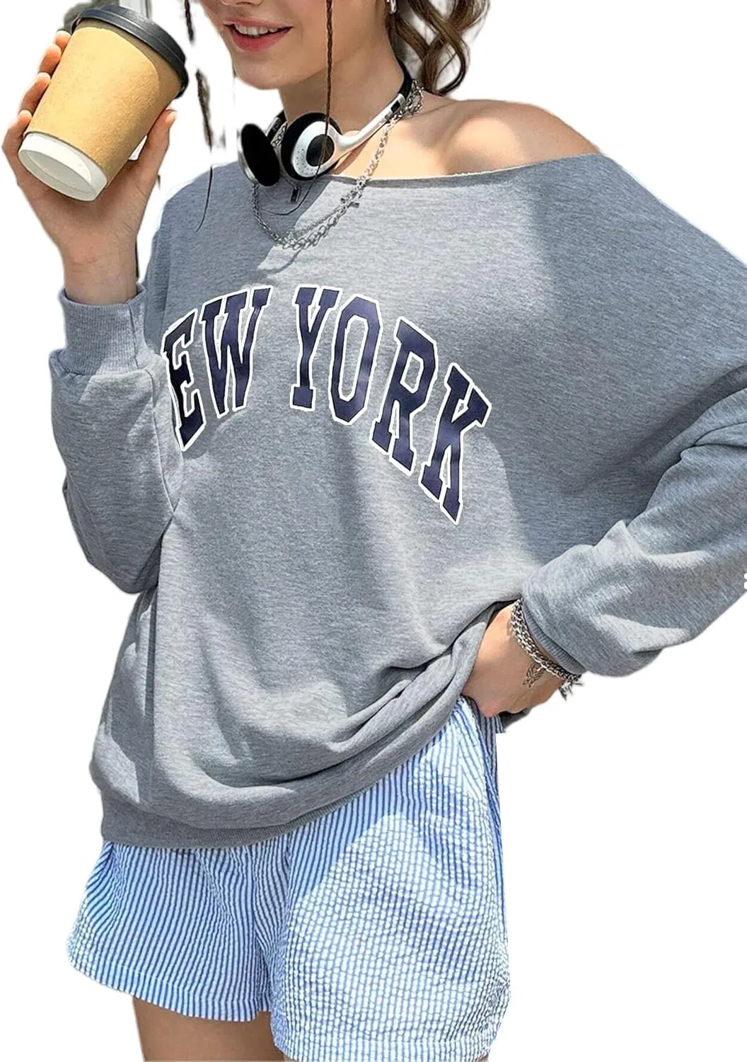 Remidoo Womens Off Shoulder Sweatshirt Drop Shoulder Oversized Long Sleeve Pullover Top