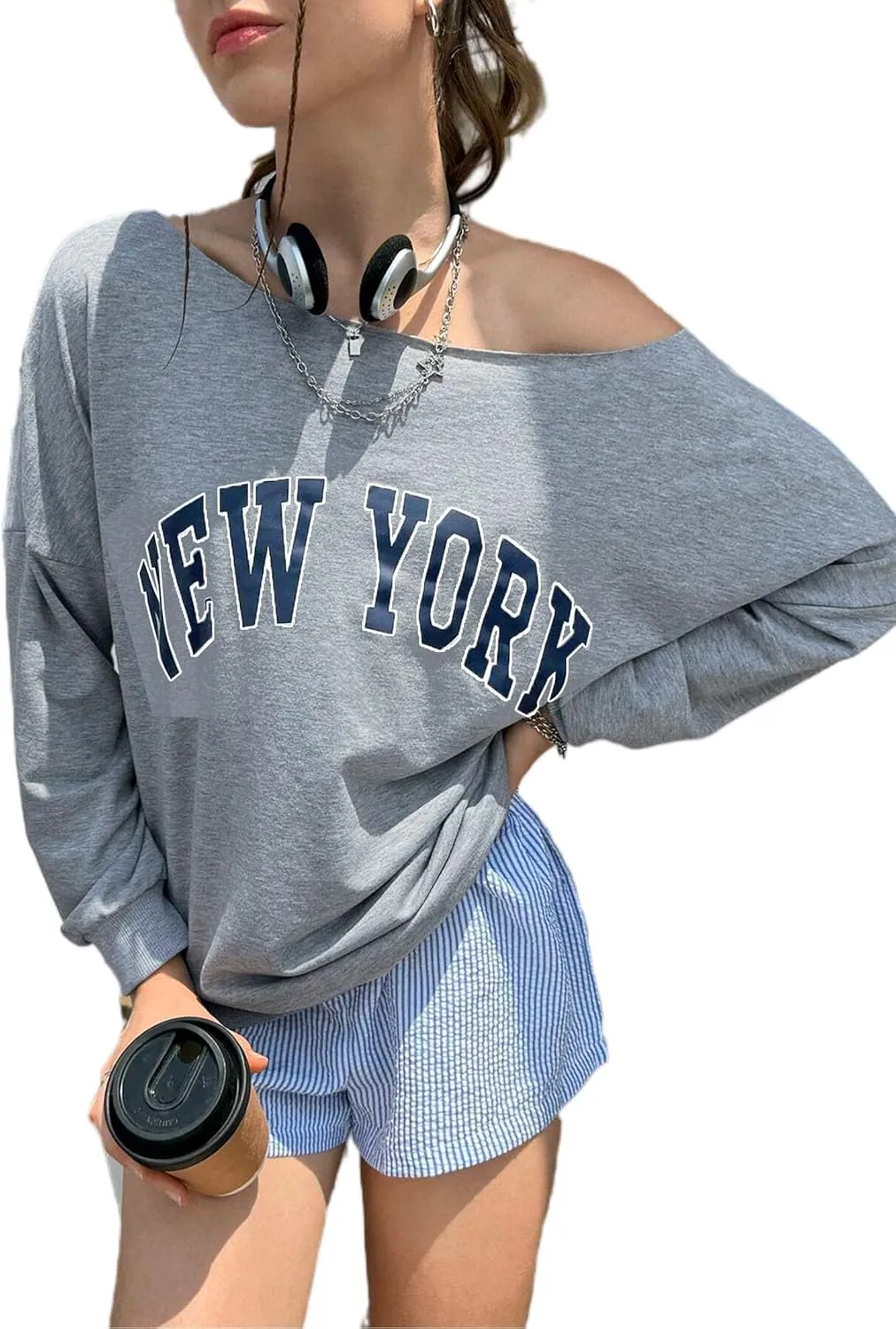 Remidoo Womens Off Shoulder Sweatshirt Drop Shoulder Oversized Long Sleeve Pullover Top