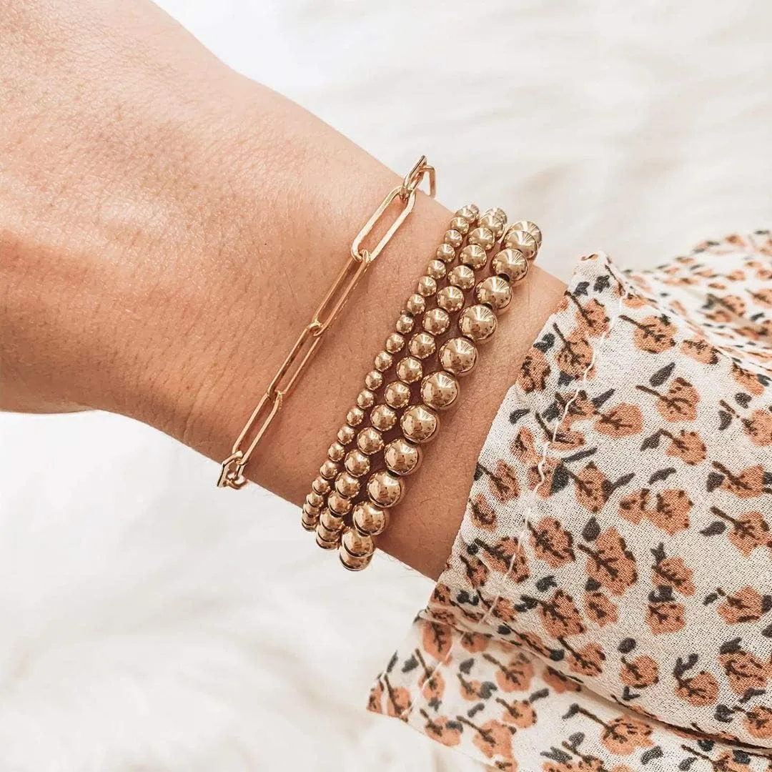 Reoxvo Gold Beaded Bracelets for Women Non Tarnish Stack 14K Gold Plated Stretch Elastic Bead Ball Bracelet Jewelry Set for Women Trendy