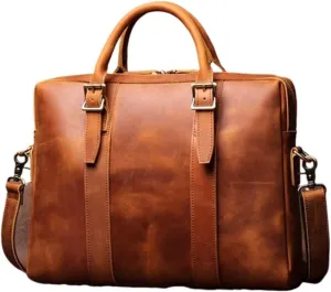 Retro Genuine Leather Laptop Bags Business Briefcases Mens Handbags Crossbody Bags Messenger Shoulder Bags 15.3Inch