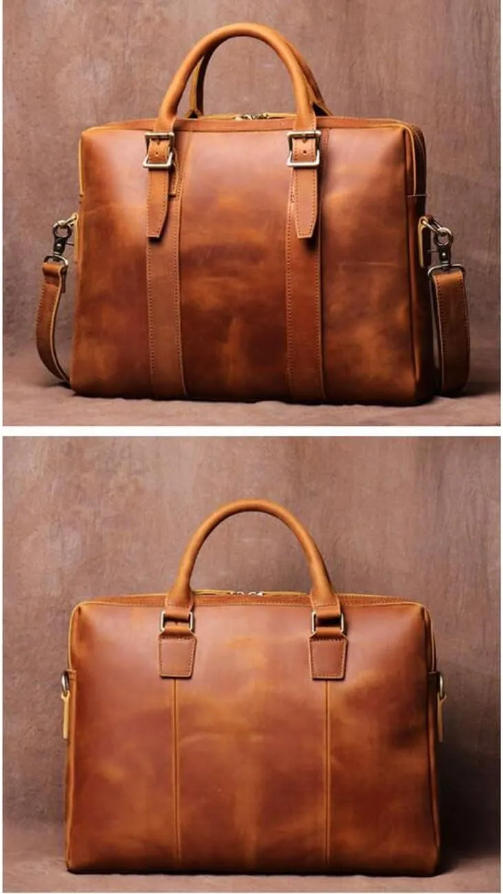 Retro Genuine Leather Laptop Bags Business Briefcases Mens Handbags Crossbody Bags Messenger Shoulder Bags 15.3Inch