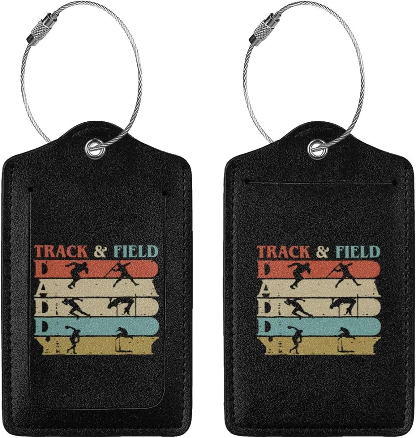 Retro Vintage Track and Field Leather Baggage Bag Luggage Tags with Stainless Steel Loop and Privacy Cover, 2 PCS, Black