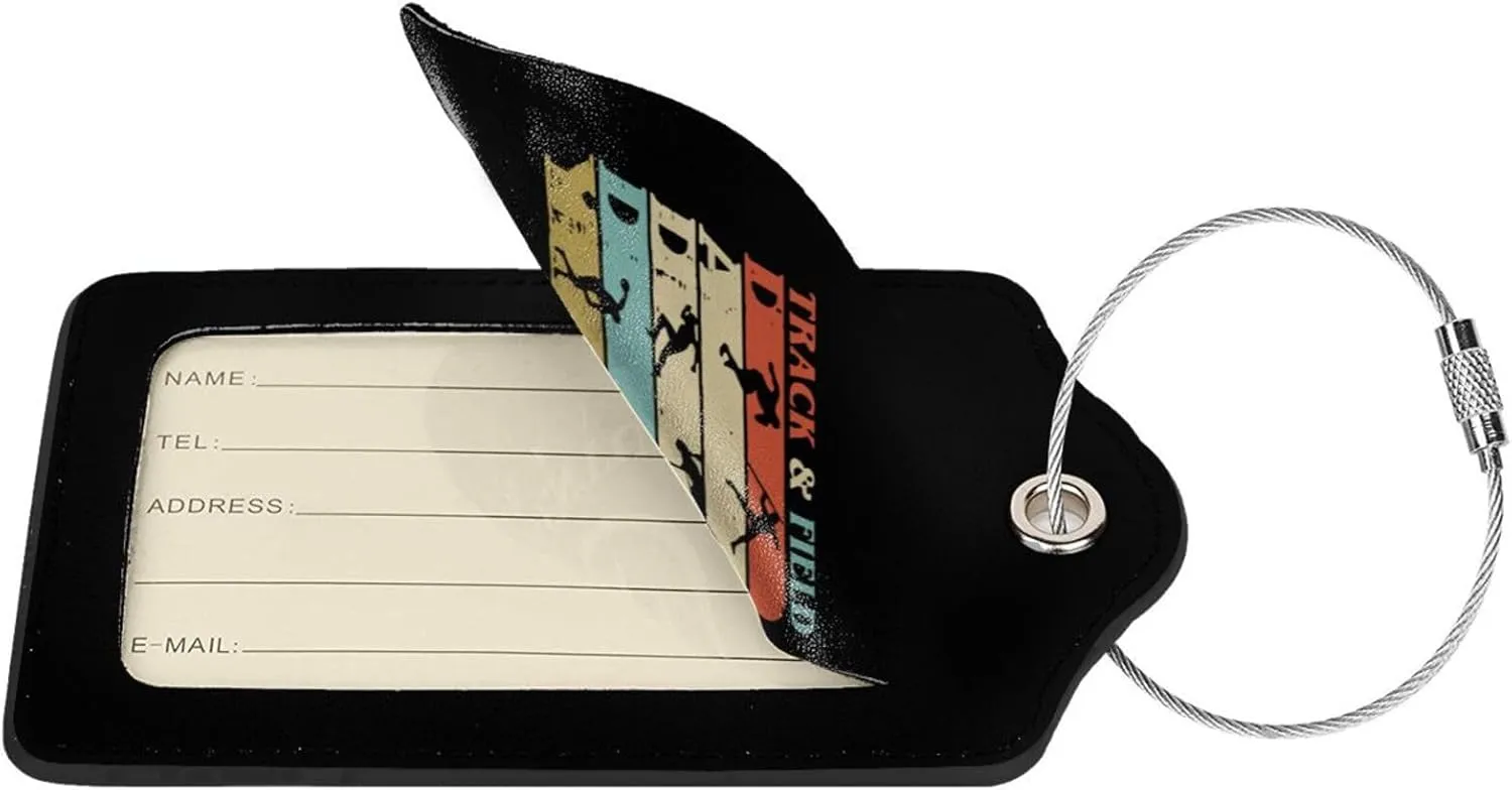 Retro Vintage Track and Field Leather Baggage Bag Luggage Tags with Stainless Steel Loop and Privacy Cover, 2 PCS, Black