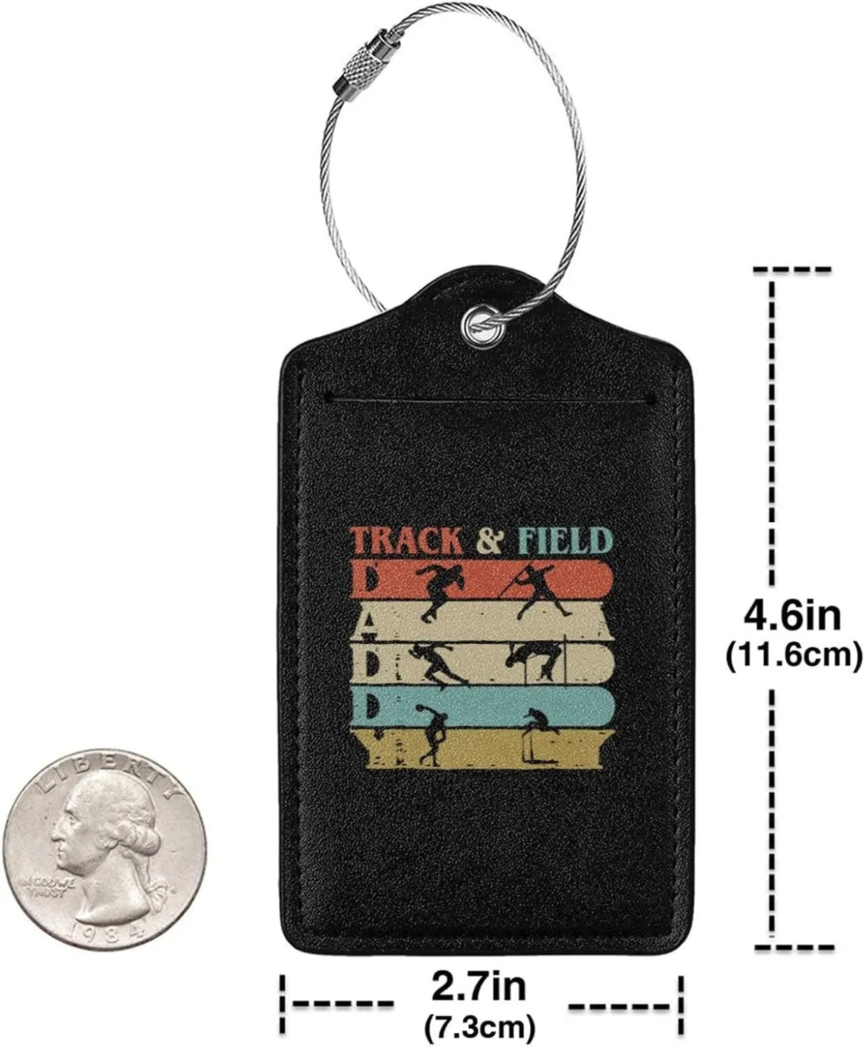 Retro Vintage Track and Field Leather Baggage Bag Luggage Tags with Stainless Steel Loop and Privacy Cover, 2 PCS, Black