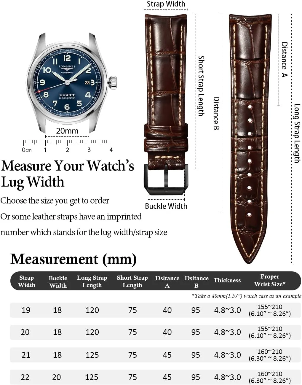 REZERO Leather Watch Bands for Men, Quick Release Watch Straps, Luxury Italian Alligator Grain Embossed Band Replacements 19mm 20mm 21mm 22mm