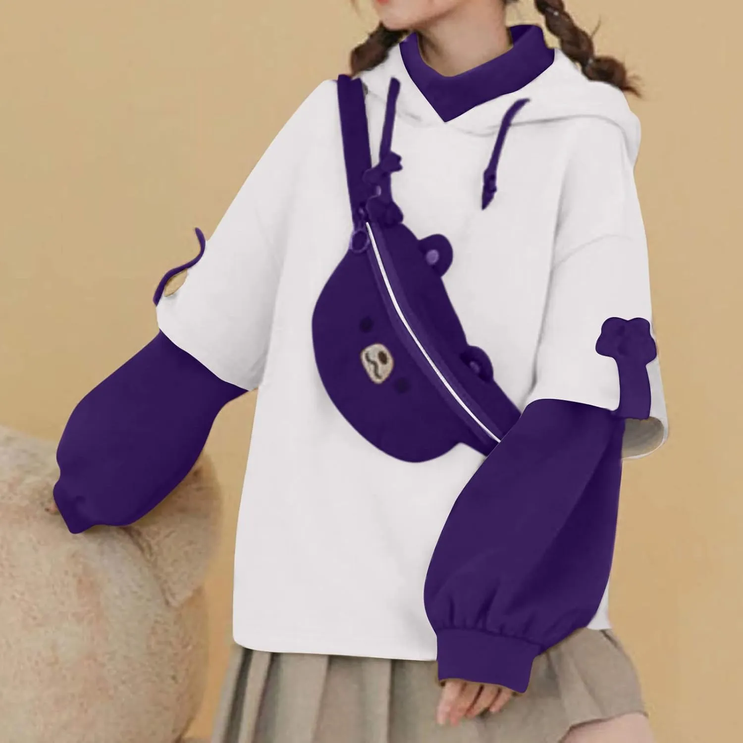 RKSTN Cute Bear Hoodie for Womens Long Sleeve Sweatshirts Patchwork Hooded Shirts with Cute Personality Bag Girls Hoodie Coat