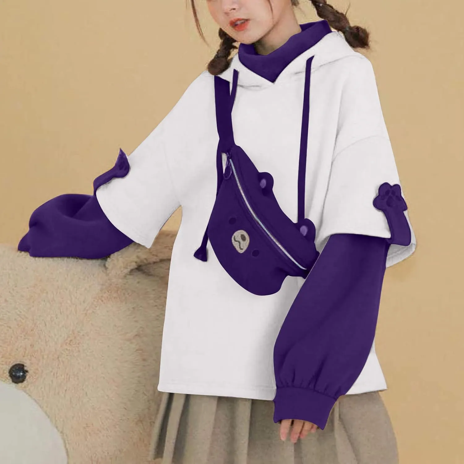 RKSTN Cute Bear Hoodie for Womens Long Sleeve Sweatshirts Patchwork Hooded Shirts with Cute Personality Bag Girls Hoodie Coat