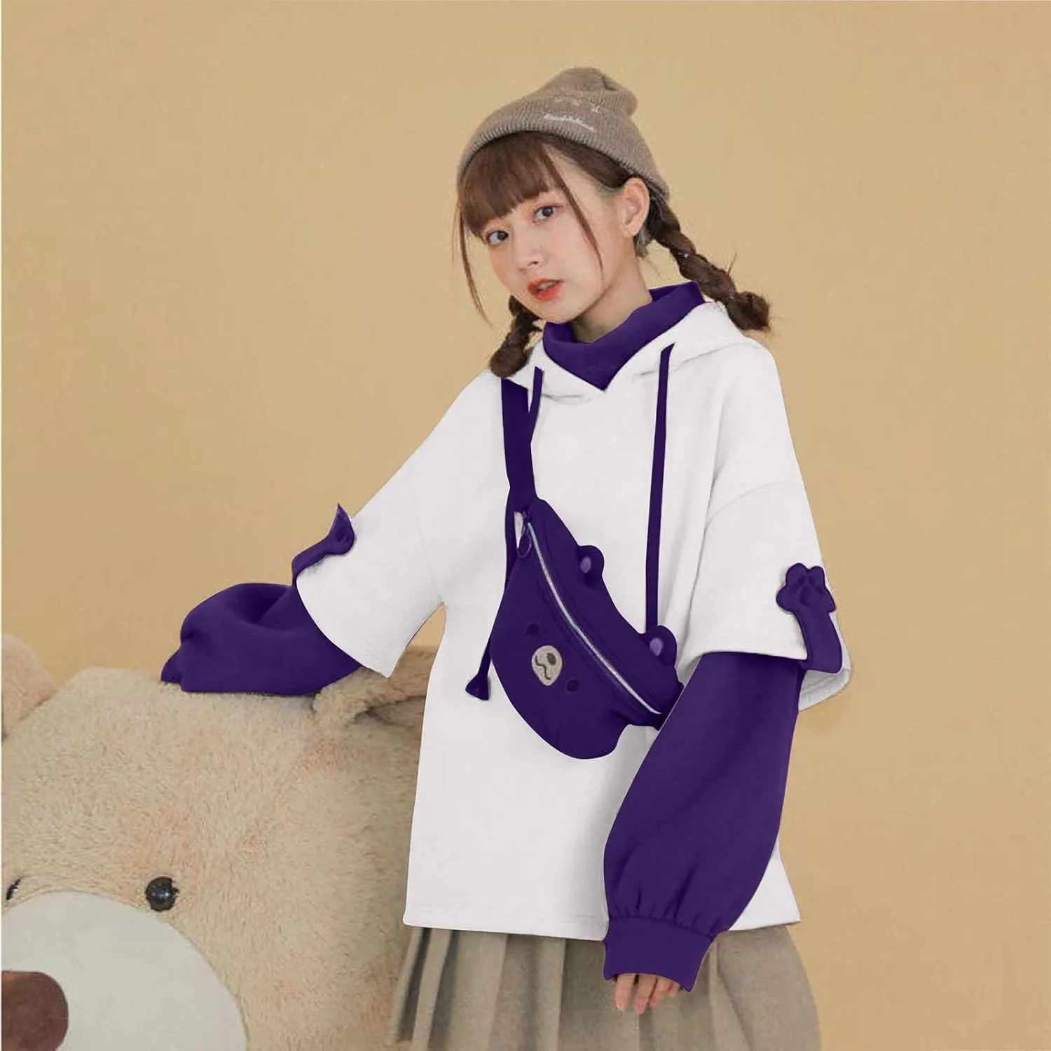 RKSTN Cute Bear Hoodie for Womens Long Sleeve Sweatshirts Patchwork Hooded Shirts with Cute Personality Bag Girls Hoodie Coat