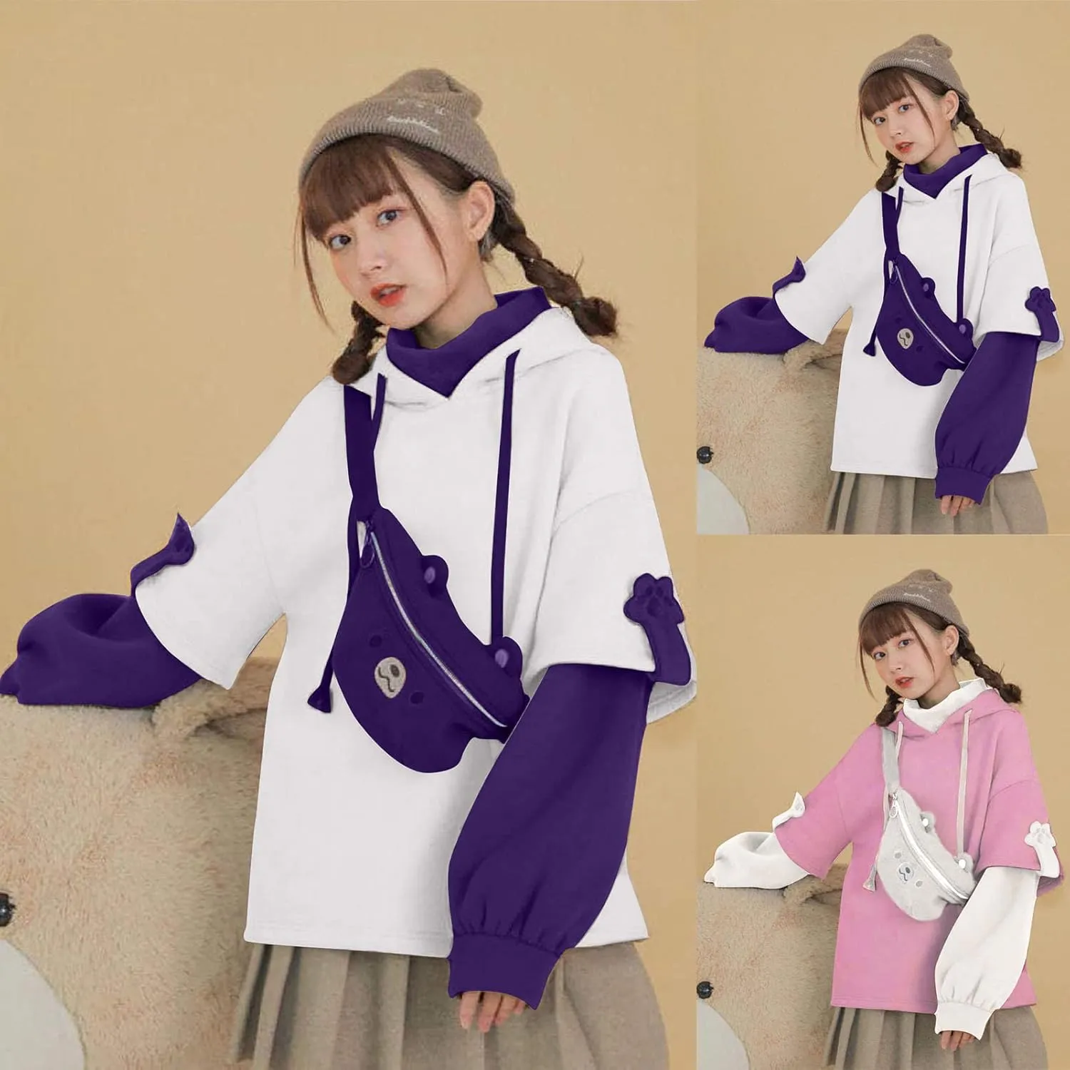 RKSTN Cute Bear Hoodie for Womens Long Sleeve Sweatshirts Patchwork Hooded Shirts with Cute Personality Bag Girls Hoodie Coat
