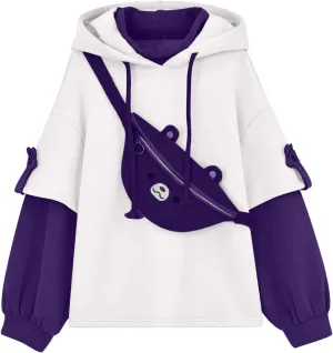 RKSTN Cute Bear Hoodie for Womens Long Sleeve Sweatshirts Patchwork Hooded Shirts with Cute Personality Bag Girls Hoodie Coat