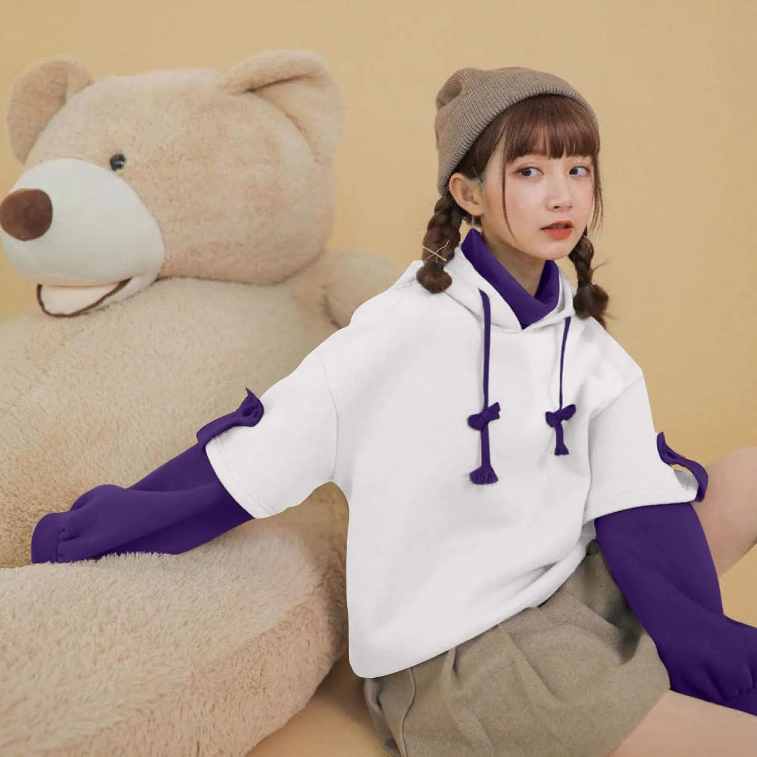 RKSTN Cute Bear Hoodie for Womens Long Sleeve Sweatshirts Patchwork Hooded Shirts with Cute Personality Bag Girls Hoodie Coat