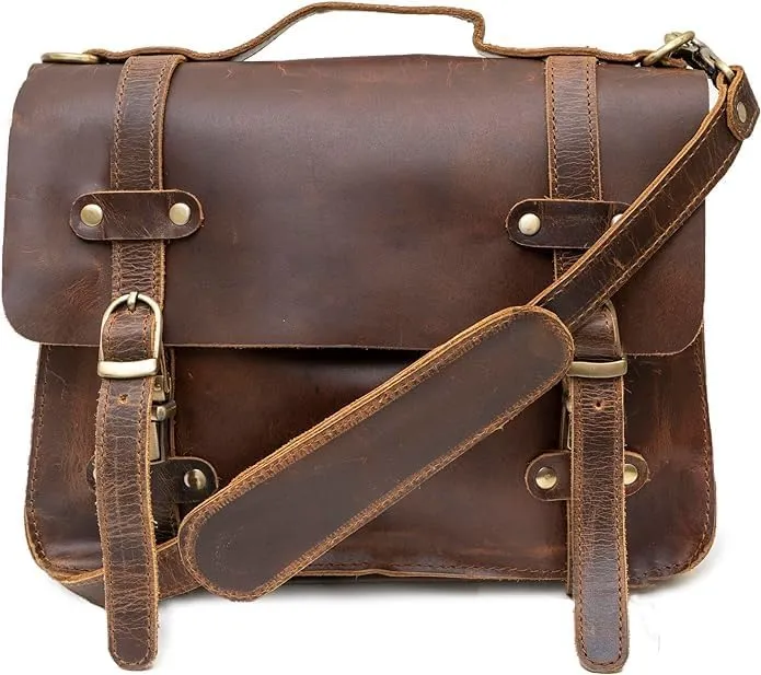 Rustic Vintage Buffalo Leather Laptop Messenger Briefcase Satchel Bag for Men 11 Inch, Brown