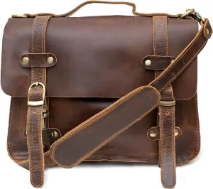Rustic Vintage Buffalo Leather Laptop Messenger Briefcase Satchel Bag for Men 11 Inch, Brown