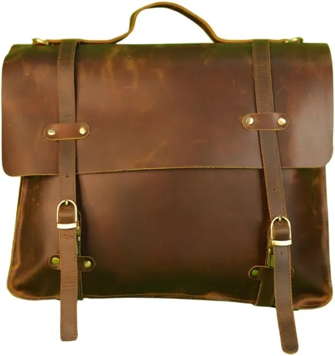 Rustic Vintage Buffalo Leather Laptop Messenger Briefcase Satchel Bag for Men 16 Inch, Brown