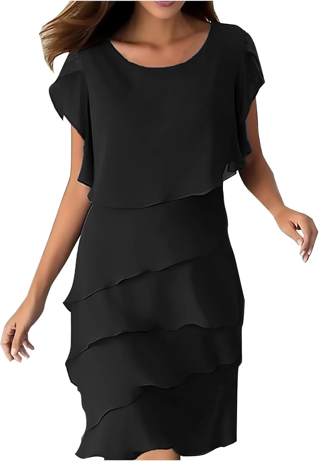 Ruziyoog Women's Chiffon Tiered Cocktail Dress Casual Round Neck Ruffle Sleeve Dress Plus Size Flowy Wedding Guest Dress