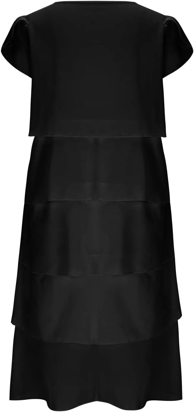 Ruziyoog Women's Chiffon Tiered Cocktail Dress Casual Round Neck Ruffle Sleeve Dress Plus Size Flowy Wedding Guest Dress