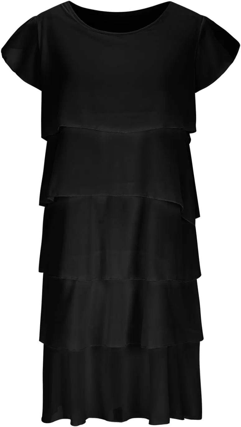 Ruziyoog Women's Chiffon Tiered Cocktail Dress Casual Round Neck Ruffle Sleeve Dress Plus Size Flowy Wedding Guest Dress