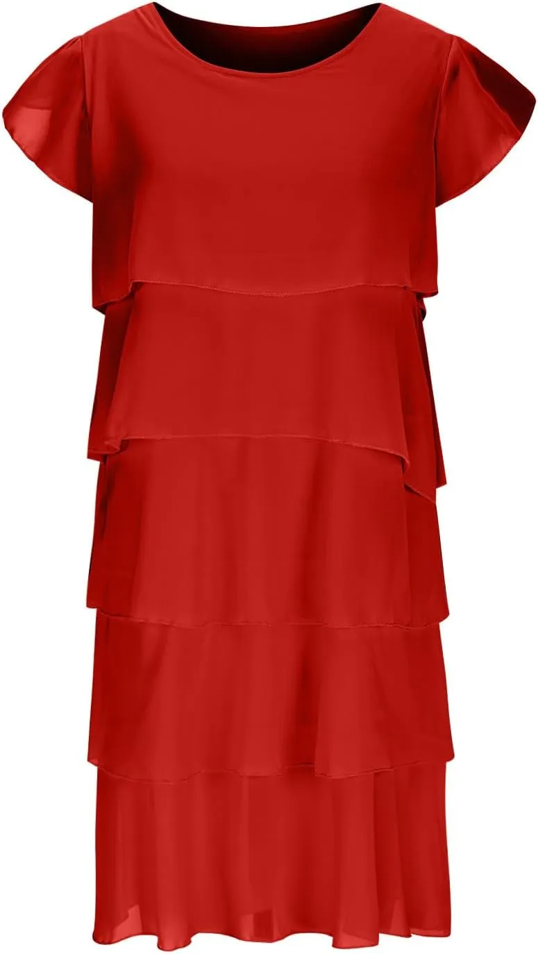 Ruziyoog Women's Chiffon Tiered Cocktail Dress Casual Round Neck Ruffle Sleeve Dress Plus Size Flowy Wedding Guest Dress