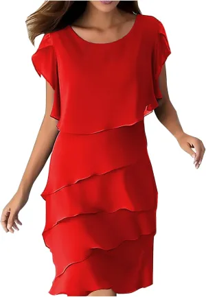 Ruziyoog Women's Chiffon Tiered Cocktail Dress Casual Round Neck Ruffle Sleeve Dress Plus Size Flowy Wedding Guest Dress