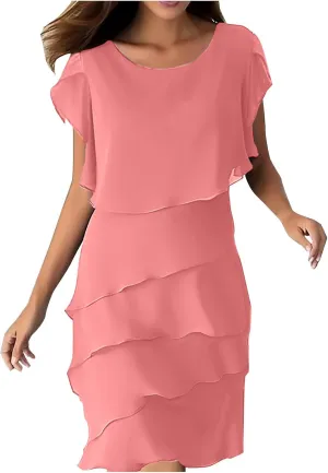 Ruziyoog Women's Chiffon Tiered Cocktail Dress Casual Round Neck Ruffle Sleeve Dress Plus Size Flowy Wedding Guest Dress
