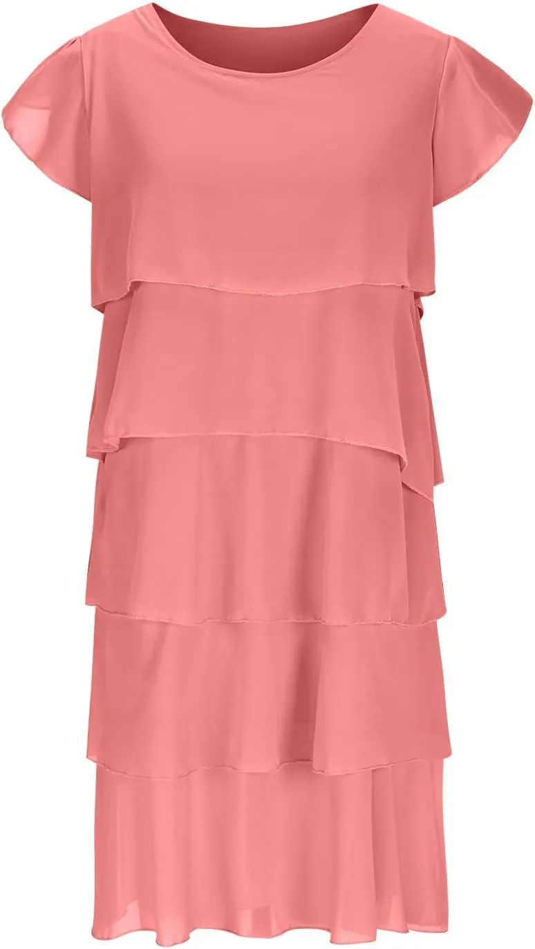 Ruziyoog Women's Chiffon Tiered Cocktail Dress Casual Round Neck Ruffle Sleeve Dress Plus Size Flowy Wedding Guest Dress