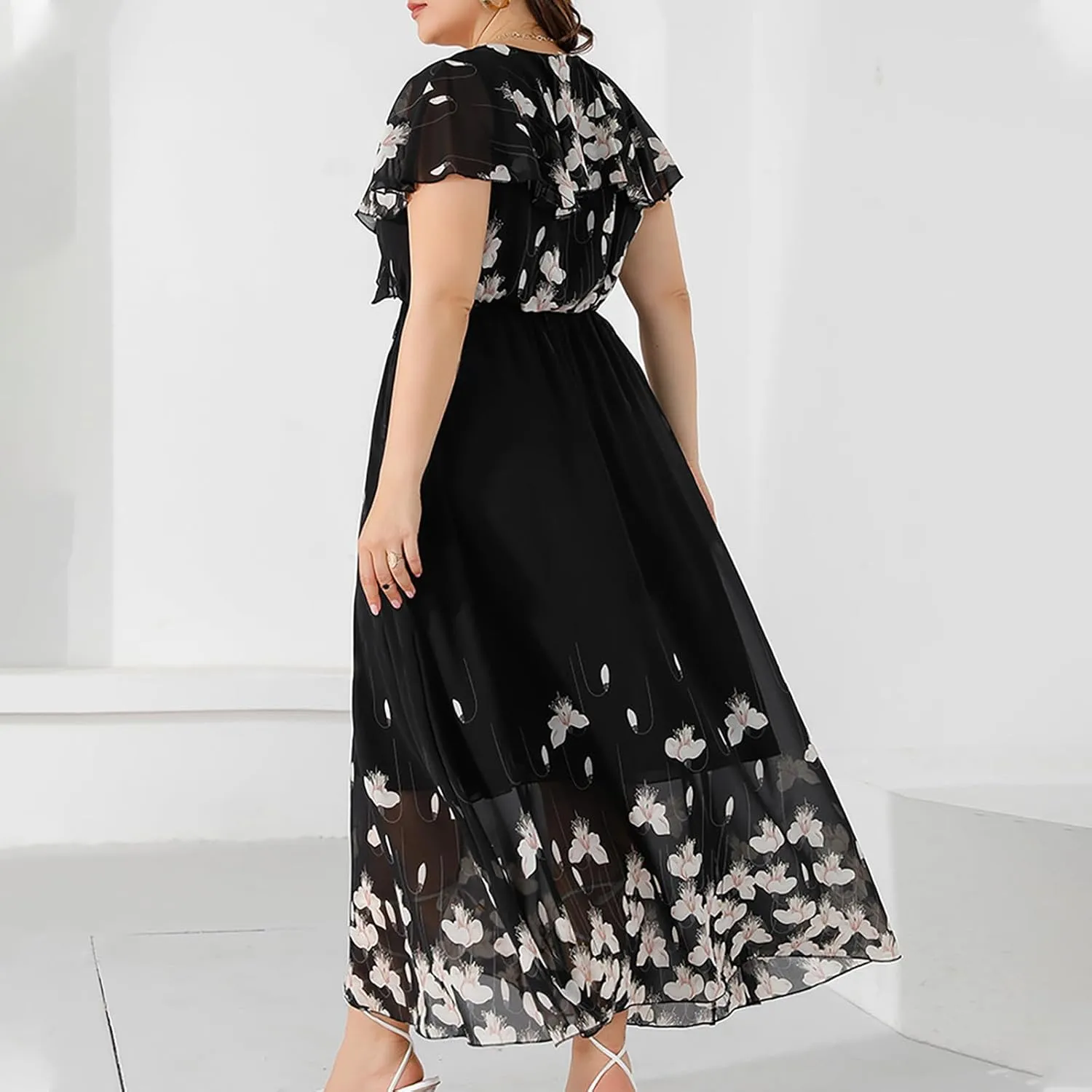 Ruziyoog Women's Plus Size Chiffon Cocktail Dress Casual Ruffle Sleeve Formal Evening Party Gown 2025 Wedding Guest Dress