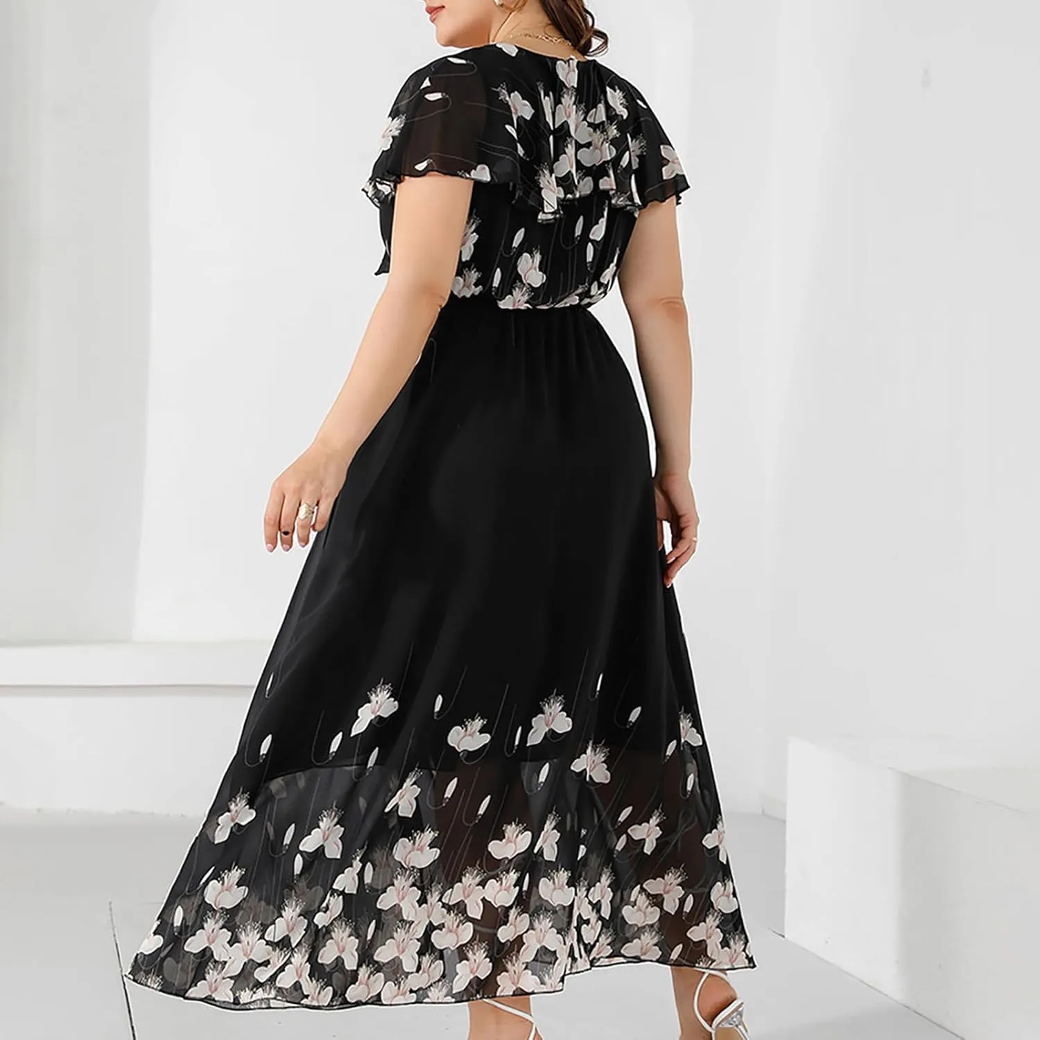 Ruziyoog Women's Plus Size Chiffon Cocktail Dress Casual Ruffle Sleeve Formal Evening Party Gown 2025 Wedding Guest Dress