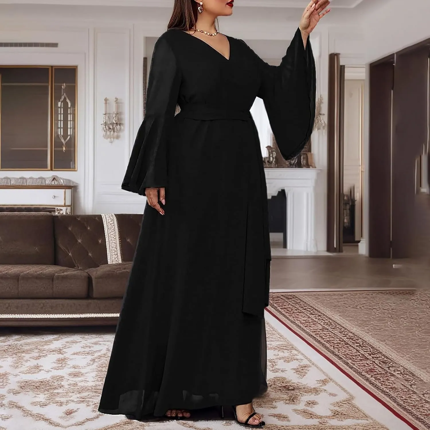 Ruziyoog Women's Plus Size Chiffon Cocktail Dress Casual Ruffle Sleeve Formal Evening Party Gown 2025 Wedding Guest Dress