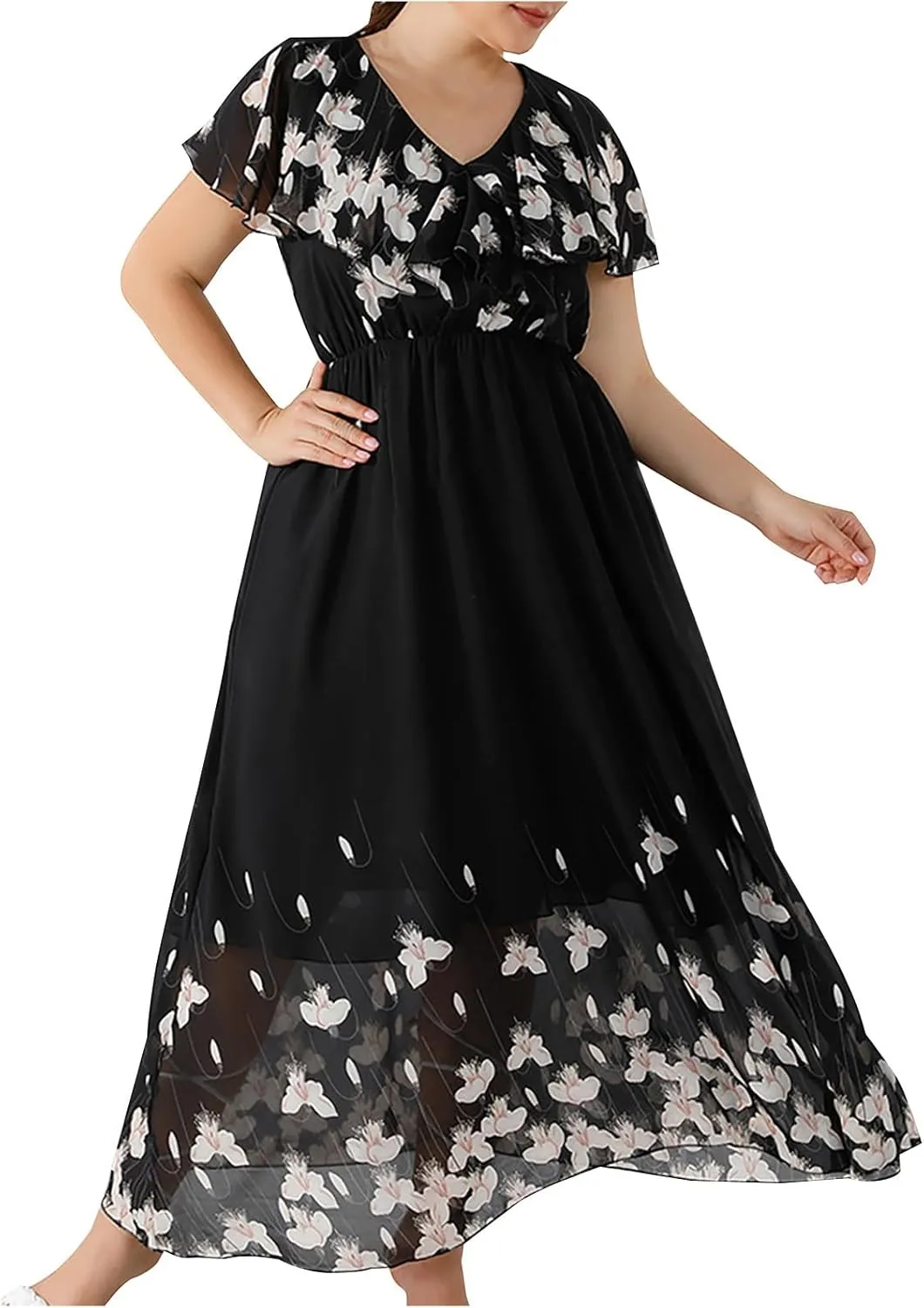 Ruziyoog Women's Plus Size Chiffon Cocktail Dress Casual Ruffle Sleeve Formal Evening Party Gown 2025 Wedding Guest Dress