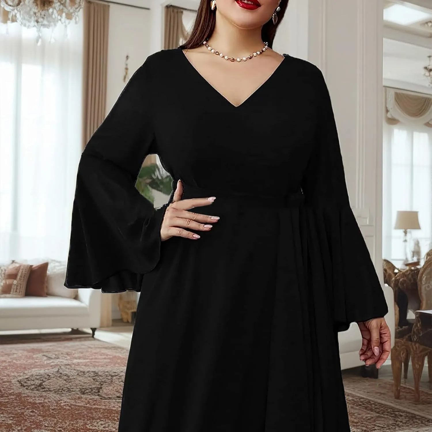 Ruziyoog Women's Plus Size Chiffon Cocktail Dress Casual Ruffle Sleeve Formal Evening Party Gown 2025 Wedding Guest Dress