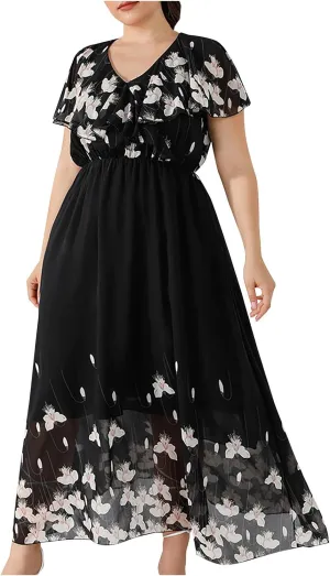 Ruziyoog Women's Plus Size Chiffon Cocktail Dress Casual Ruffle Sleeve Formal Evening Party Gown 2025 Wedding Guest Dress